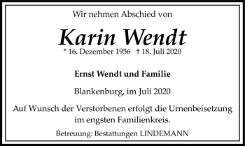 Traueranzeige von Karin Wendt  von Magdeburger Volksstimme