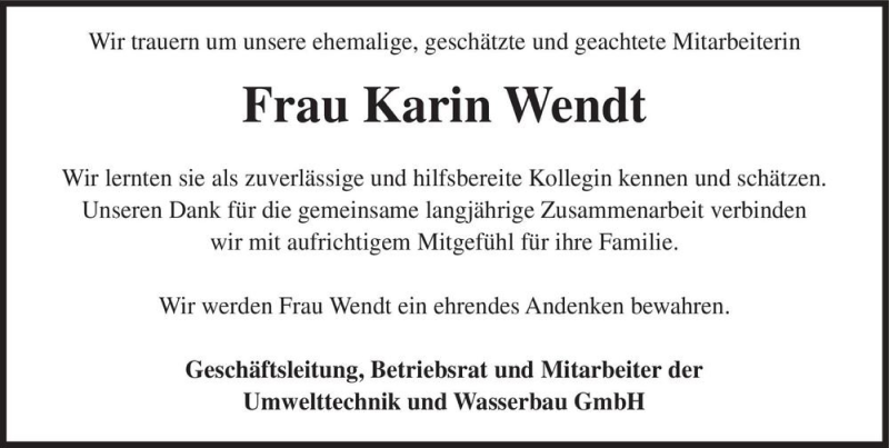  Traueranzeige für Karin Wendt  vom 01.08.2020 aus Magdeburger Volksstimme