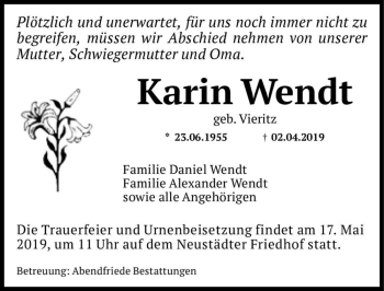 Traueranzeige von Karin Wendt (geb. Vieritz)  von Magdeburger Volksstimme