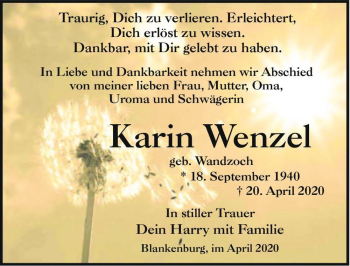 Traueranzeige von Karin Wenzel (geb. Wandzoch)  von Magdeburger Volksstimme