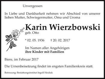 Traueranzeige von Karin Wierzbowski (geb. Otto)  von Magdeburger Volksstimme