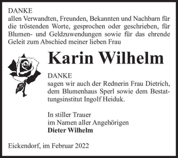 Traueranzeige von Karin Wilhelm  von Magdeburger Volksstimme