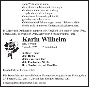 Traueranzeige von Karin Wilhelm (geb. Bertram)  von Magdeburger Volksstimme
