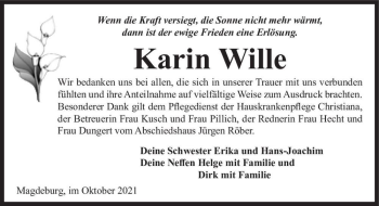 Traueranzeige von Karin Wille  von Magdeburger Volksstimme