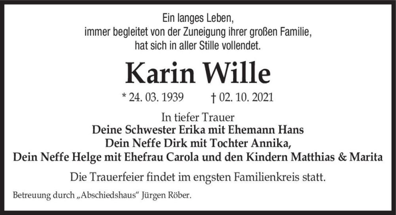  Traueranzeige für Karin Wille  vom 16.10.2021 aus Magdeburger Volksstimme