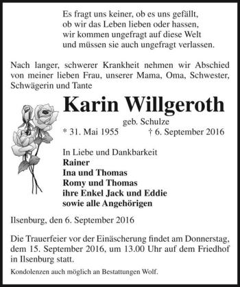 Traueranzeige von Karin Willgeroth (geb. Schulze)  von Magdeburger Volksstimme