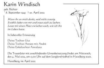 Traueranzeige von Karin Windisch (geb. Richter)  von Magdeburger Volksstimme