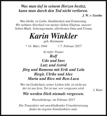 Traueranzeige von Karin Winkler (geb. Hartmann)  von Magdeburger Volksstimme