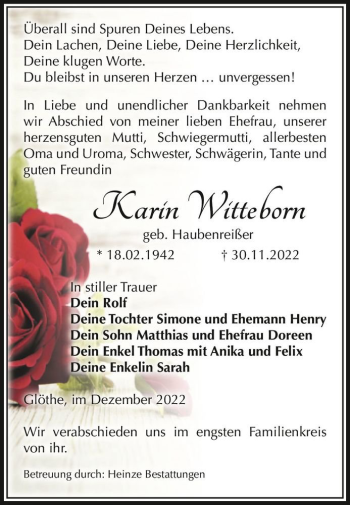 Traueranzeige von Karin Witteborn (geb. Haubenreißer)  von Magdeburger Volksstimme