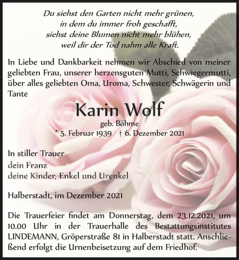  Traueranzeige für Karin Wolf (geb. Böhme)  vom 11.12.2021 aus Magdeburger Volksstimme