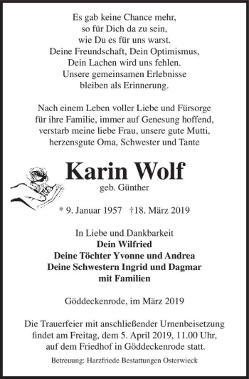 Traueranzeige von Karin Wolf (geb. Günther)  von Magdeburger Volksstimme