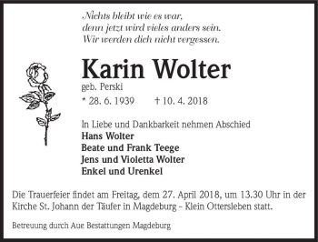Traueranzeige von Karin Wolter  von Magdeburger Volksstimme