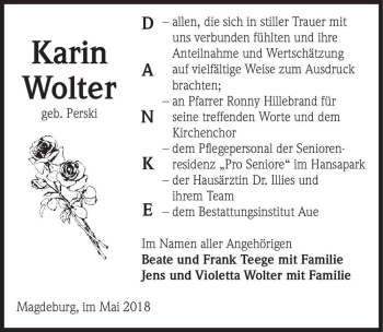 Traueranzeige von Karin Wolter (geb. Perski)  von Magdeburger Volksstimme
