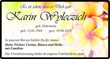 Traueranzeige von Karin Wyleczich (geb. Fuhrmann)  von Magdeburger Volksstimme