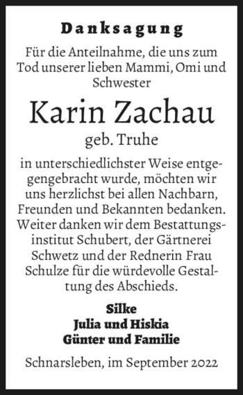 Traueranzeige von Karin Zachau (geb. Truhe)  von Magdeburger Volksstimme