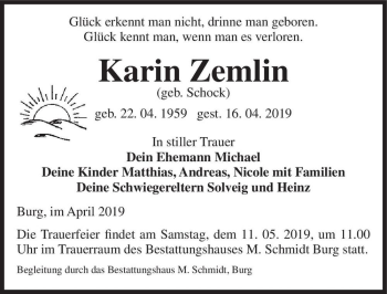 Traueranzeige von Karin Zemlin (geb. Schock)  von Magdeburger Volksstimme
