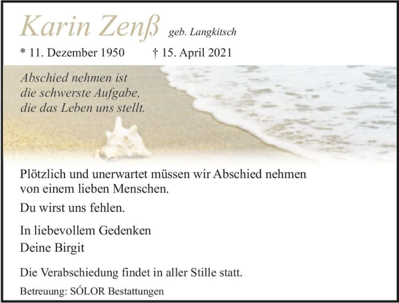  Traueranzeige für Karin Zenß (geb. Langkitsch)  vom 24.04.2021 aus Magdeburger Volksstimme