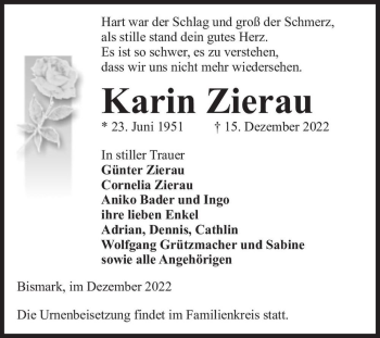 Traueranzeige von Karin Zierau  von Magdeburger Volksstimme
