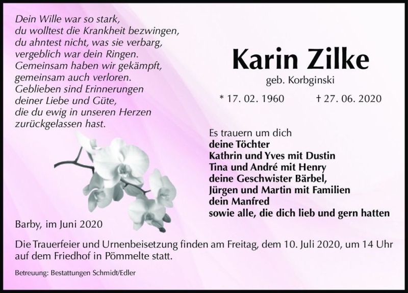  Traueranzeige für Karin Zilke (geb. Korbginski)  vom 04.07.2020 aus Magdeburger Volksstimme