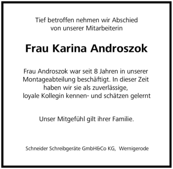 Traueranzeige von Karina Androszok  von Magdeburger Volksstimme