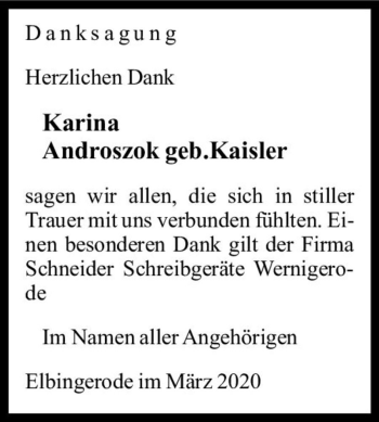 Traueranzeige von Karina Androszok (geb. Kaisler)  von Magdeburger Volksstimme