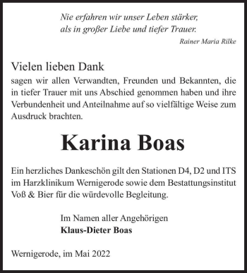 Traueranzeige von Karina Boas  von Magdeburger Volksstimme