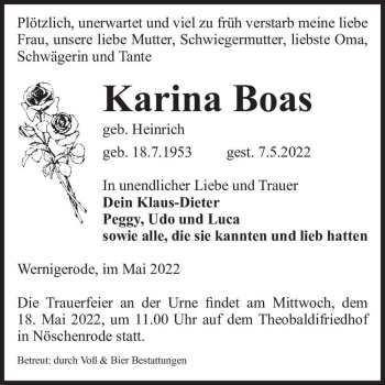 Traueranzeige von Karina Boas (geb. Heinrich)  von Magdeburger Volksstimme