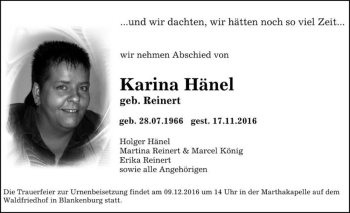 Traueranzeige von Karina Hänel (geb. Reinert)  von Magdeburger Volksstimme