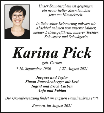 Traueranzeige von Karina Pick (geb. Carben)  von Magdeburger Volksstimme