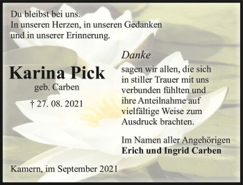 Traueranzeige von Karina Pick (geb. Carben)  von Magdeburger Volksstimme