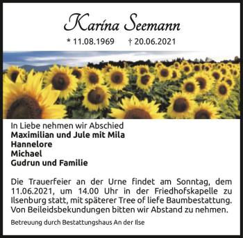 Traueranzeige von Karina Seemann  von Magdeburger Volksstimme
