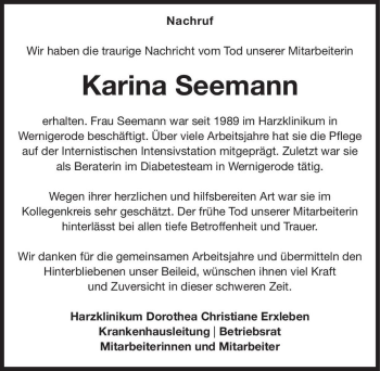 Traueranzeige von Karina Seemann  von Magdeburger Volksstimme