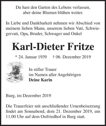 Traueranzeige von Karl-Dieter Fritze  von Magdeburger Volksstimme