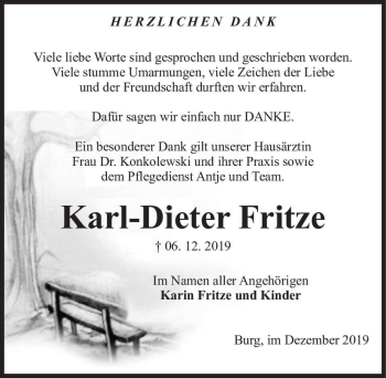 Traueranzeige von Karl-Dieter Fritze  von Magdeburger Volksstimme
