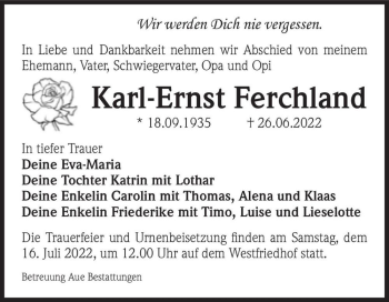 Traueranzeige von Karl-Ernst Ferchland  von Magdeburger Volksstimme