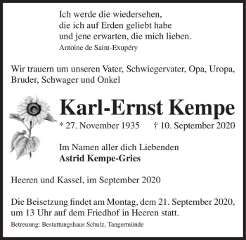 Traueranzeige von Karl-Ernst Kempe  von Magdeburger Volksstimme