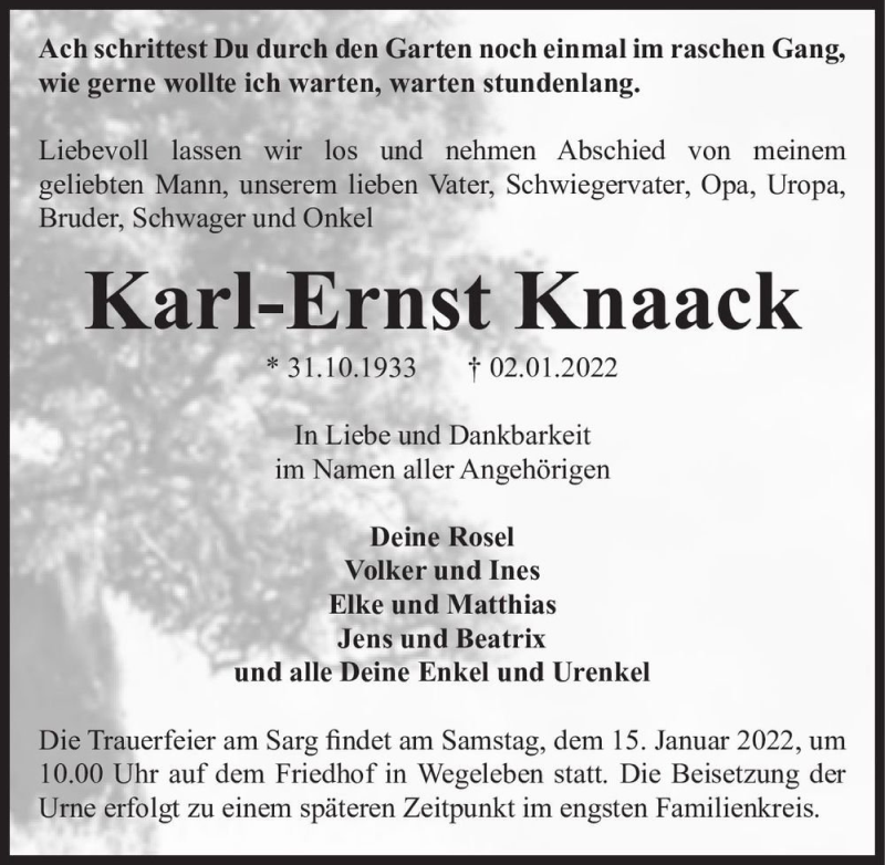  Traueranzeige für Karl-Ernst Knaack  vom 08.01.2022 aus Magdeburger Volksstimme