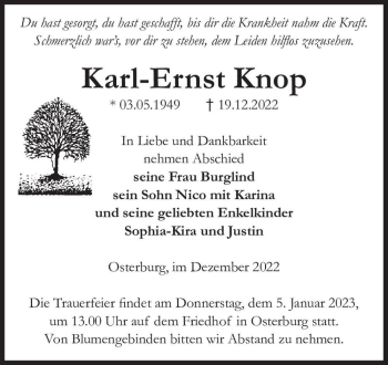 Traueranzeige von Karl-Ernst Knop  von Magdeburger Volksstimme
