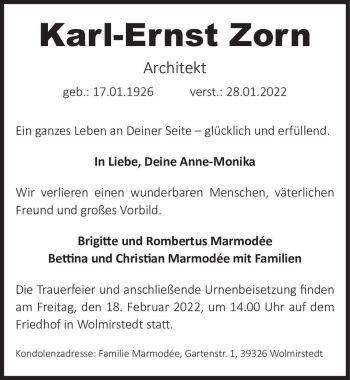 Traueranzeige von Karl-Ernst Zorn  von Magdeburger Volksstimme