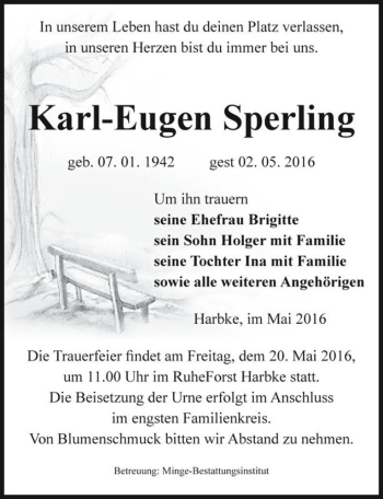 Traueranzeige von Karl-Eugen Sperling  von Magdeburger Volksstimme