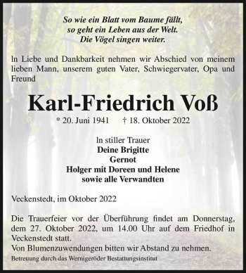 Traueranzeige von Karl-Friedrich Voß  von Magdeburger Volksstimme