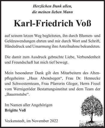 Traueranzeige von Karl-Friedrich Voß  von Magdeburger Volksstimme