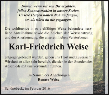 Traueranzeige von Karl-Friedrich Weise  von Magdeburger Volksstimme