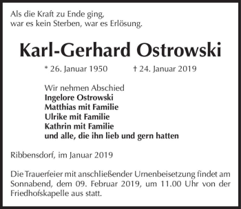Traueranzeige von Karl-Gerhard Ostrowski  von Magdeburger Volksstimme