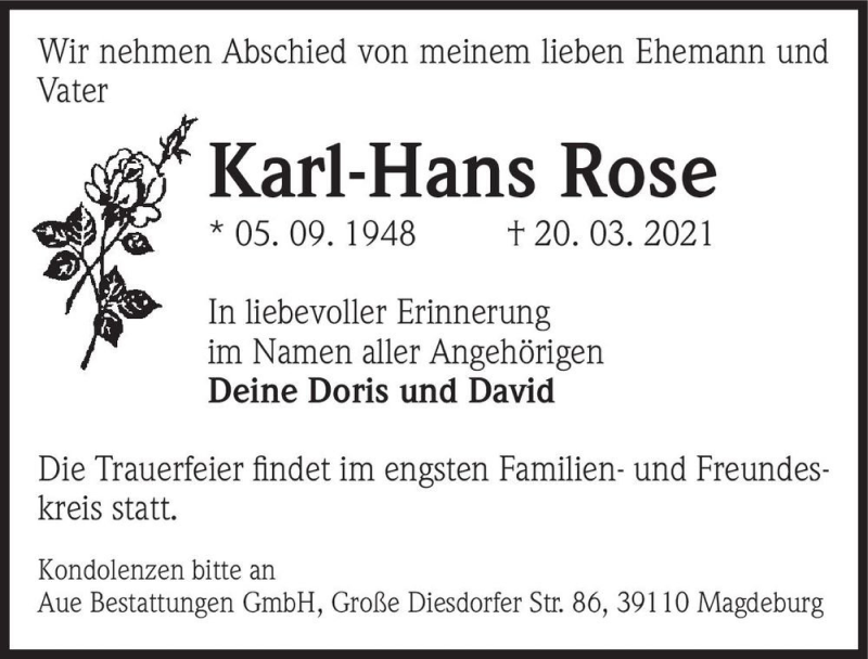  Traueranzeige für Karl-Hans Rose  vom 27.03.2021 aus Magdeburger Volksstimme
