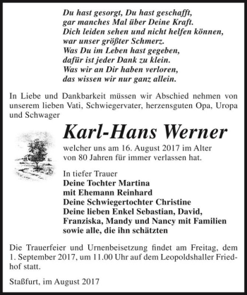Traueranzeige von Karl-Hans Werner  von Magdeburger Volksstimme