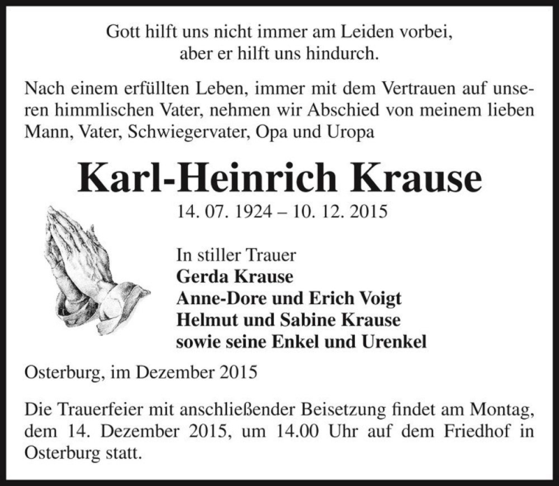  Traueranzeige für Karl-Heinrich Krause  vom 12.12.2015 aus Magdeburger Volksstimme
