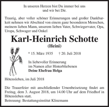 Traueranzeige von Karl-Heinrich Schotte (Heini)  von Magdeburger Volksstimme