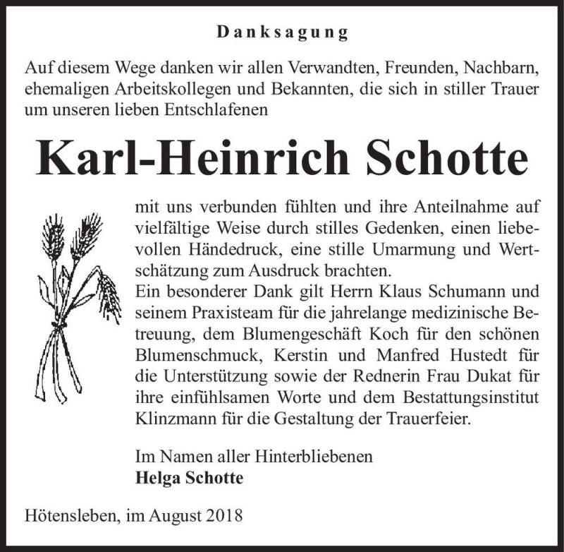  Traueranzeige für Karl-Heinrich Schotte  vom 13.08.2018 aus Magdeburger Volksstimme