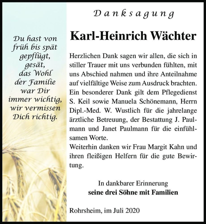  Traueranzeige für Karl-Heinrich Wächter  vom 18.07.2020 aus Magdeburger Volksstimme